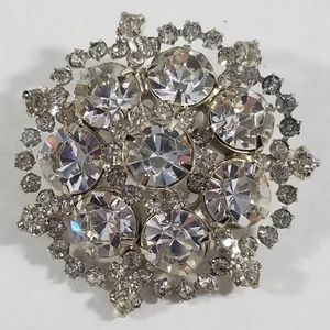 Snowflake Circle Round Brooch Pin Silvertone Clear Rhinestones